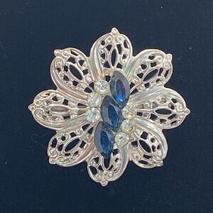 Elegant Silver and Blue Floral Brooch
